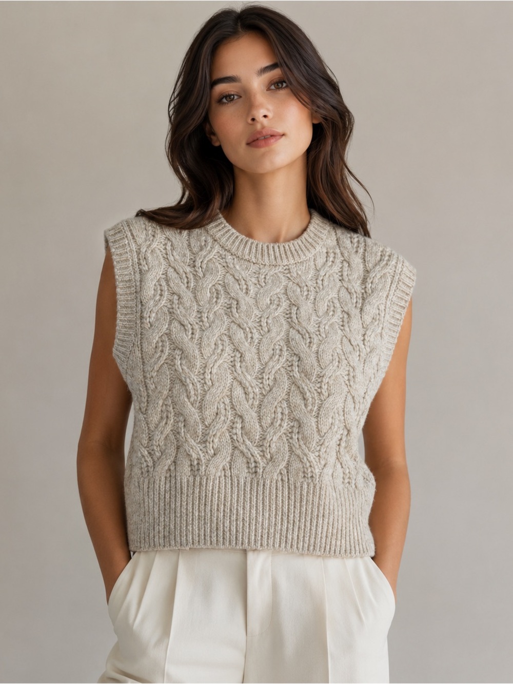 Sincerely Jules Cable Knit Sleeveless Sweater Vest in Oatmeal